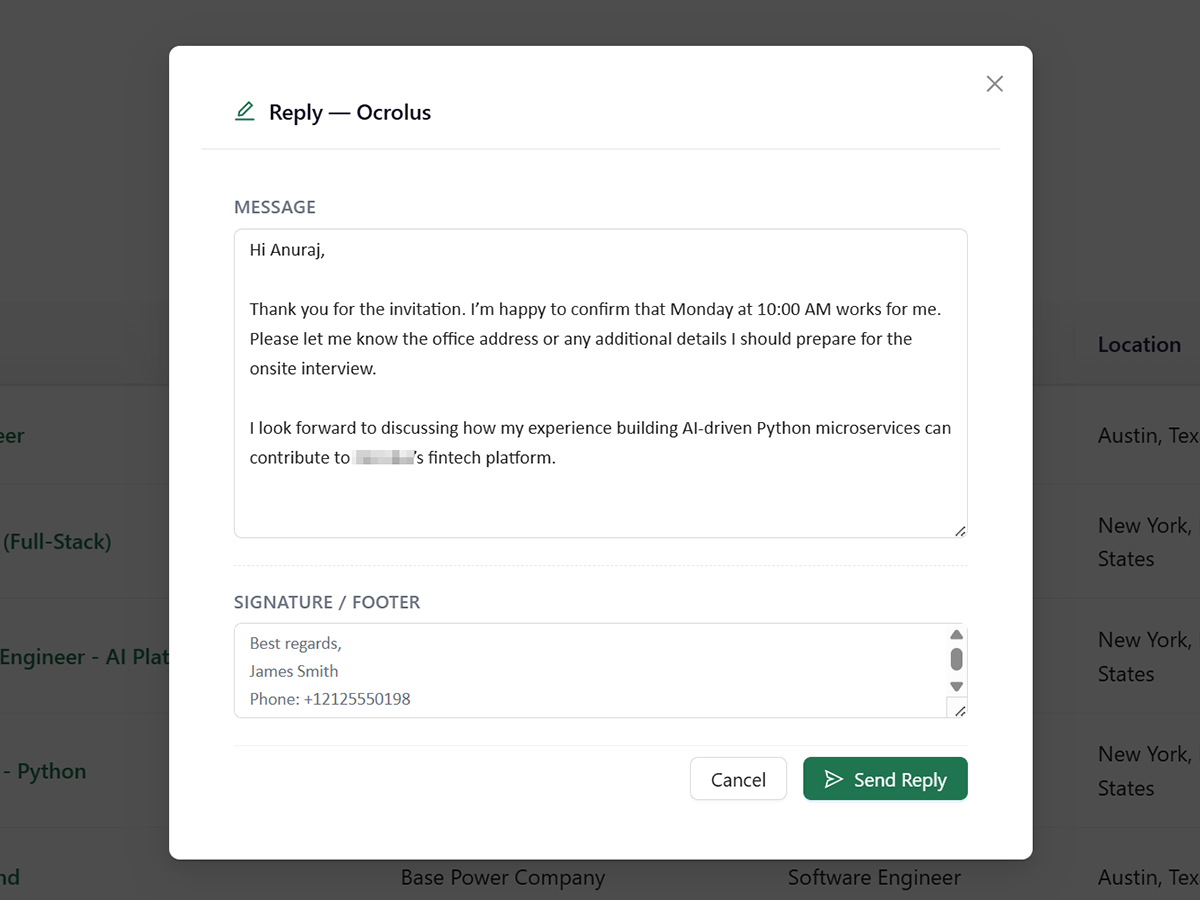 Job Beast AI-drafted reply — compose modal with personalized response