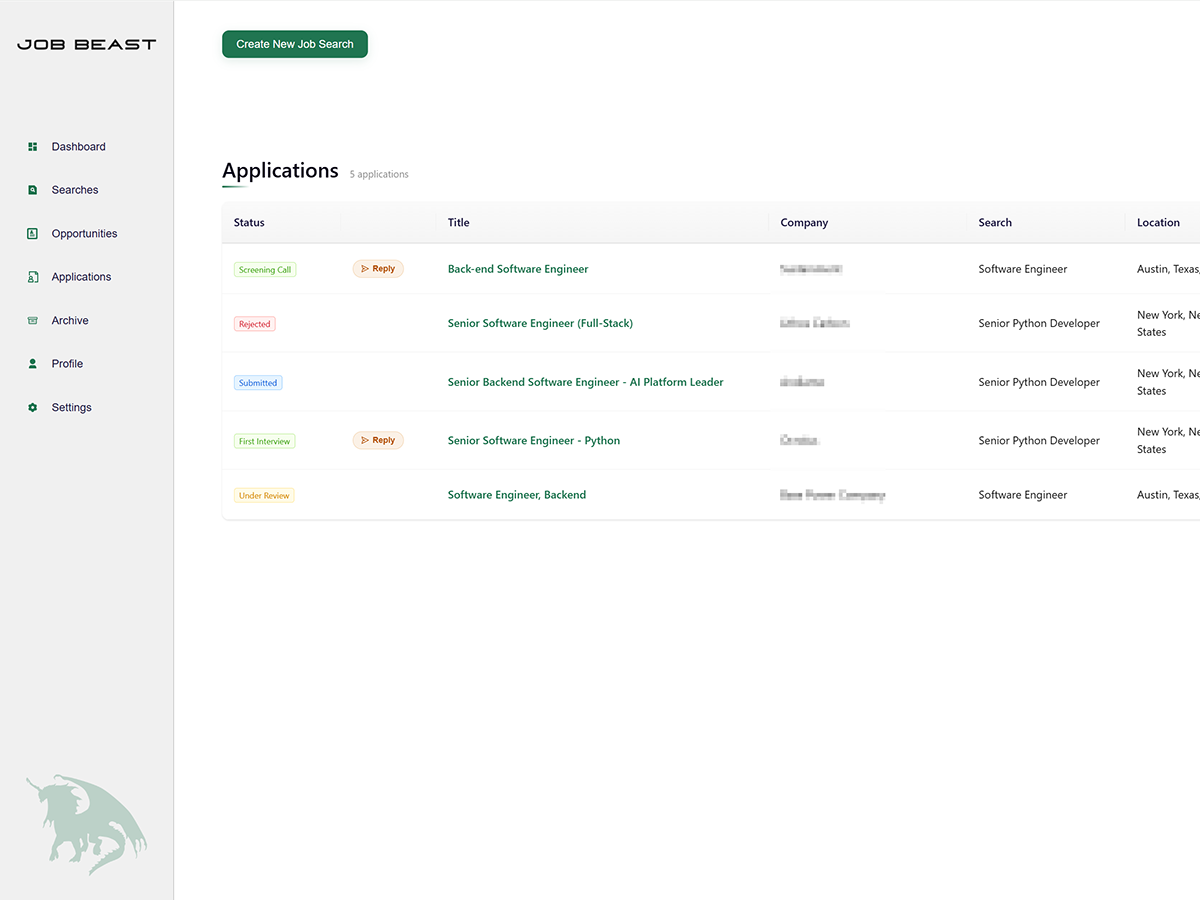 Job Beast application tracking — pipeline view with status stages from contacted to interviewed