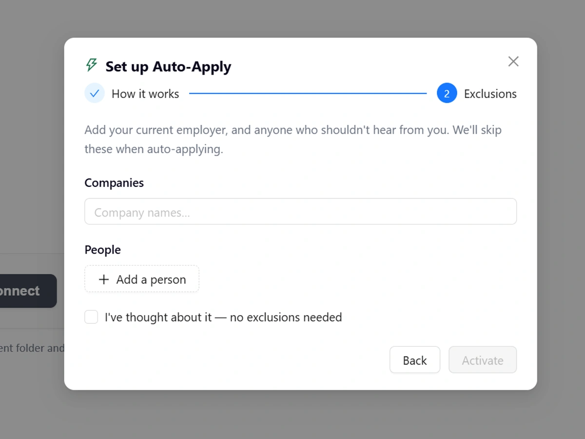 Job Beast Auto-Apply setup — exclusion list for companies and people, required before activation