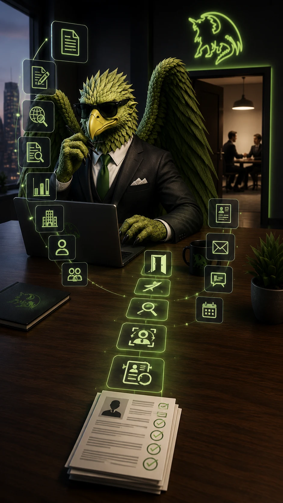 The Job Beast mascot at a laptop, the whole search running out of it — documents, company research, contact discovery, messages and replies — over a stack of approved resumes