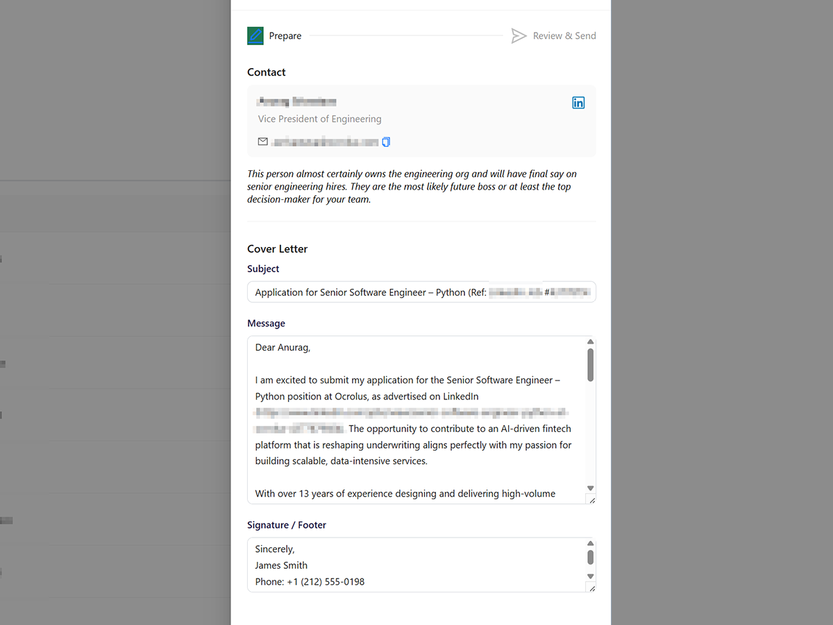 Job Beast contact discovery — hiring manager identified with cover letter draft