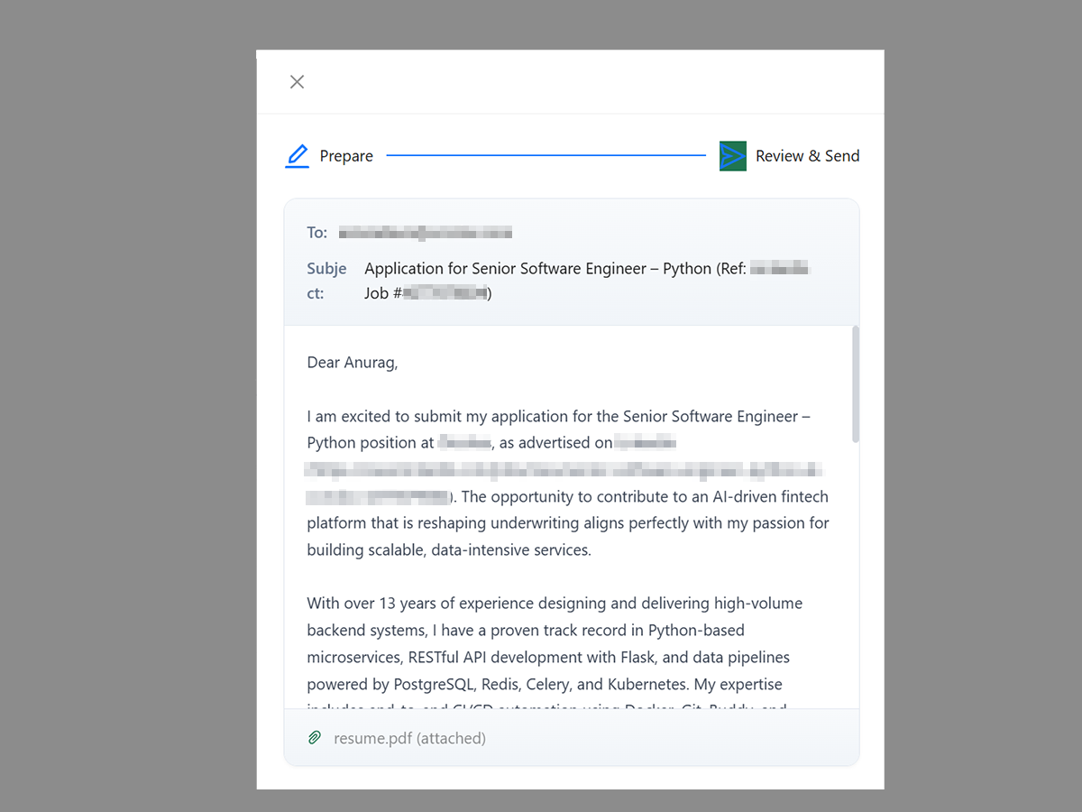 Job Beast outreach flow — personalized email ready to send to a hiring manager