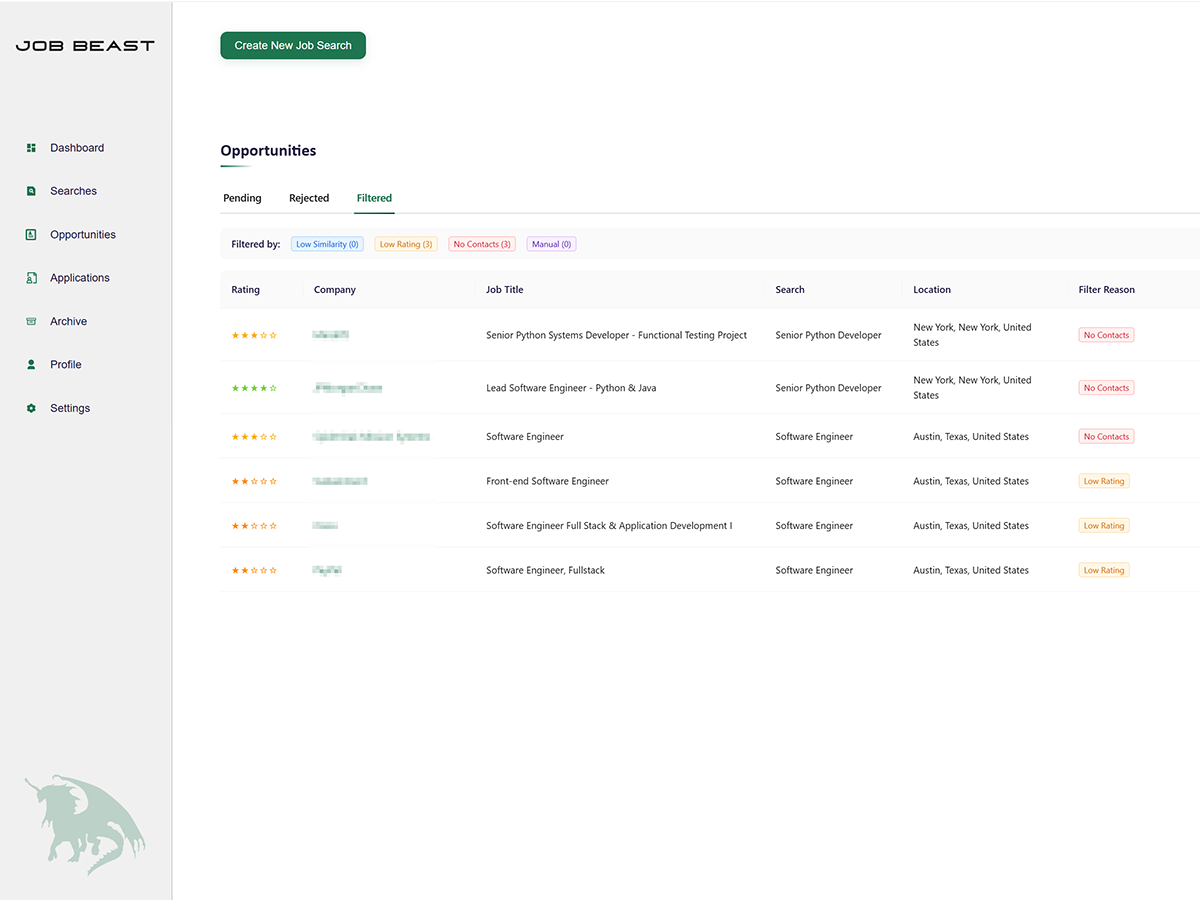 Job Beast quality filtering — opportunities filtered by salary, location, and contact availability