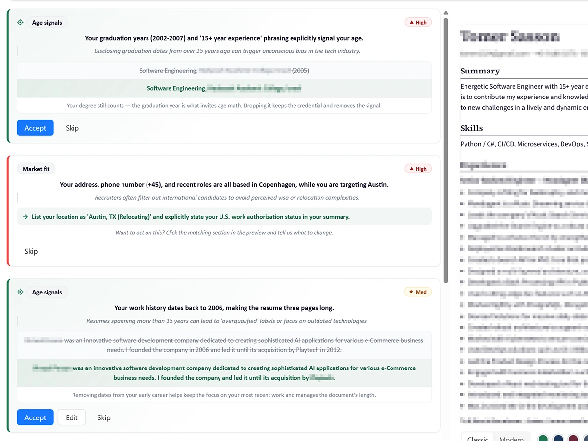 Job Beast Resume Studio — prioritized fix cards showing the exact line being replaced, next to a live preview of the resume