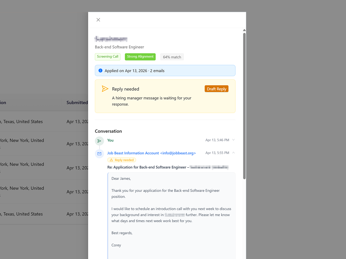 Job Beast follow-up system — reply detected with conversation thread and next actions