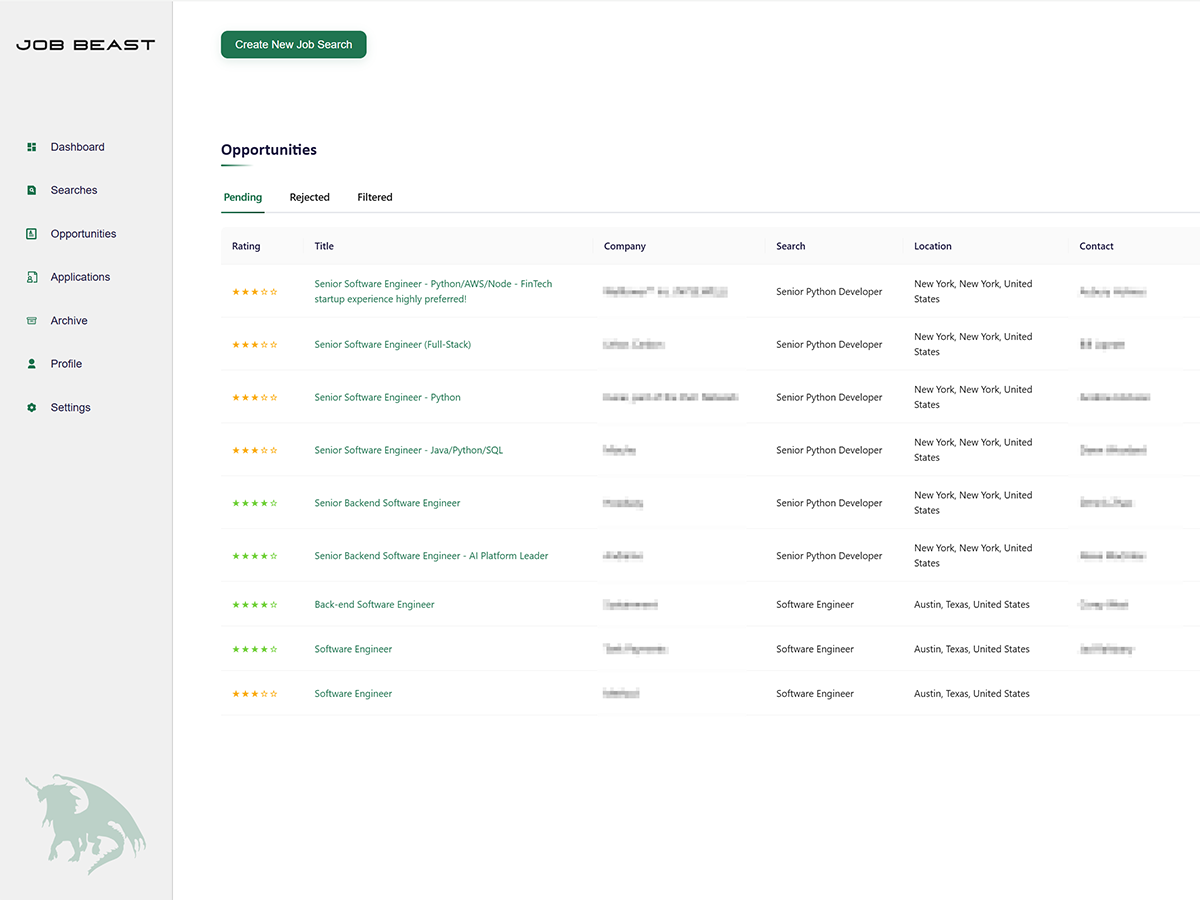 Job Beast opportunity feed — AI-rated job matches with star ratings