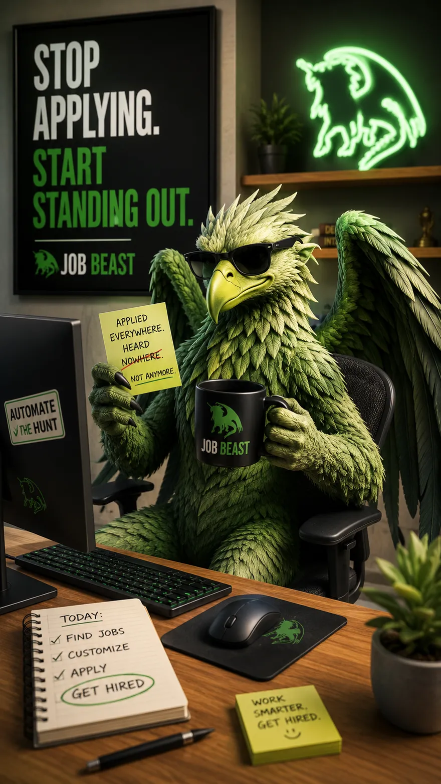 The Job Beast mascot at a desk with a sticky note reading “Applied everywhere. Heard nowhere. Not anymore.”
